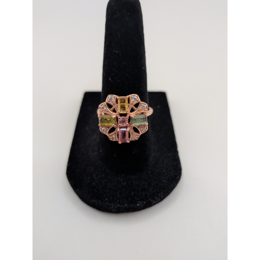 Cross Pattern Natural Tourmaline‎ Sterling Silver Ring With Rose Gold Plating...
